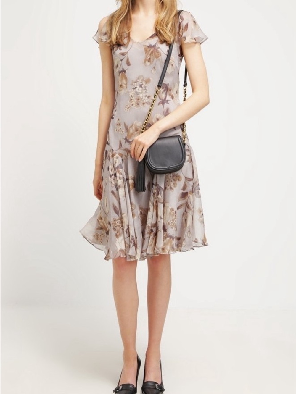 Ralph Lauren Taupe Floral Chiffon V-Neck Dress